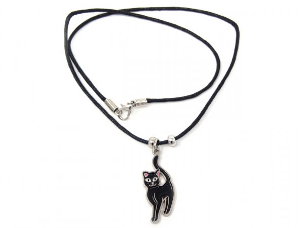 Wachskordelhalskette - schwarze Katze aus Metall